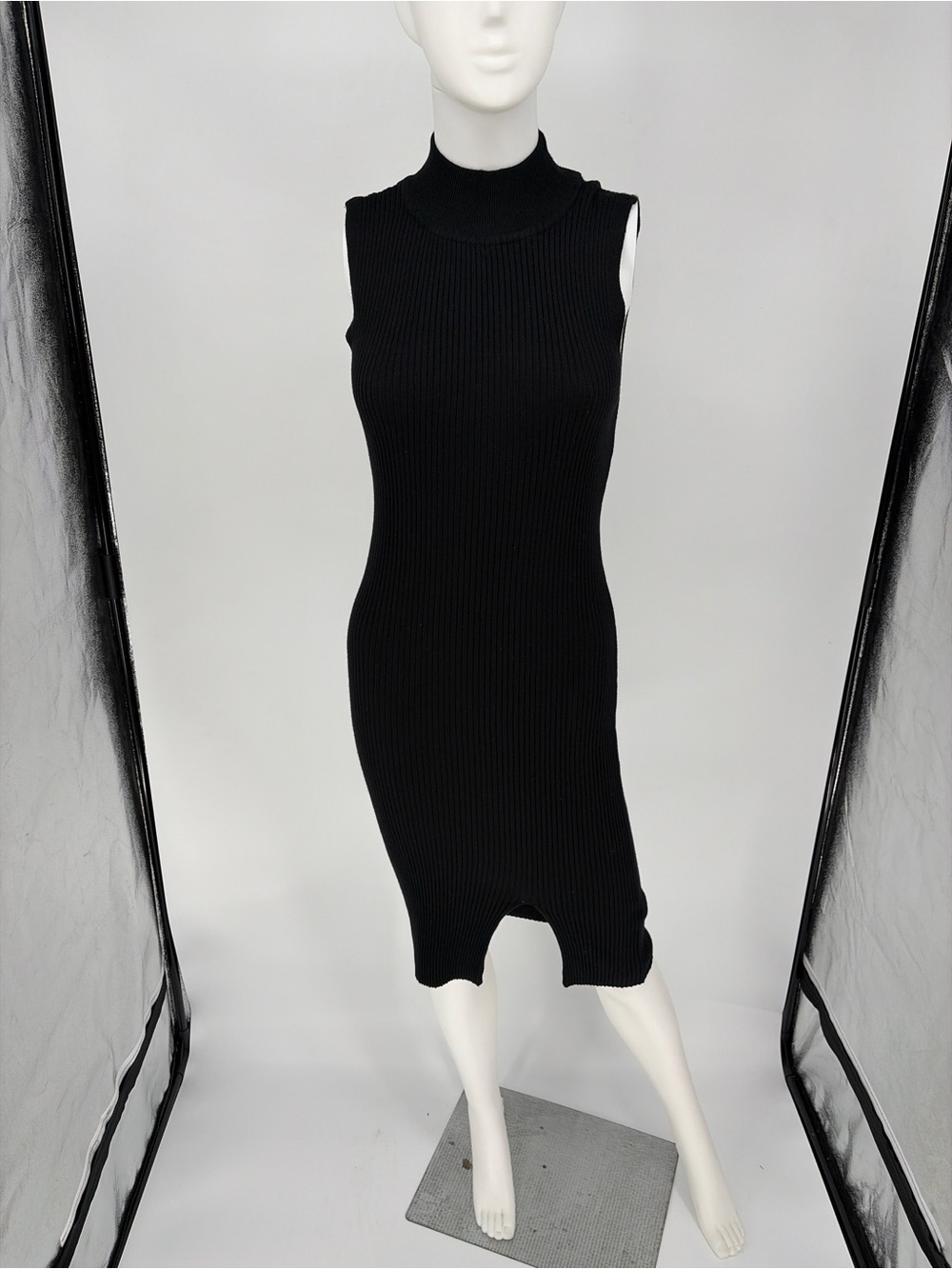 Sleeveless Ribbed Knit Midi Dress in Black